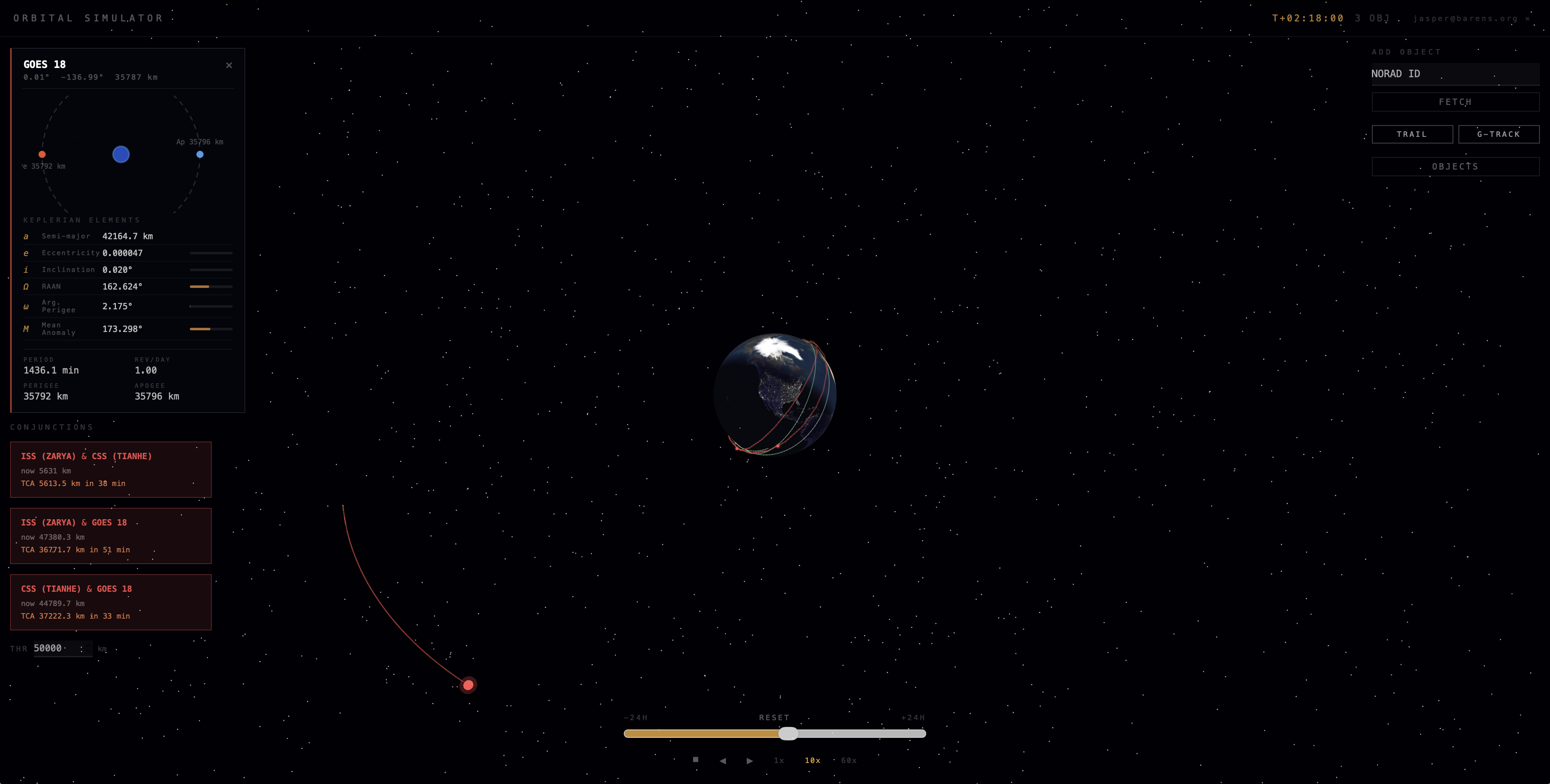 Orbital Simulator · GOES-18 at GEO with conjunction detection active