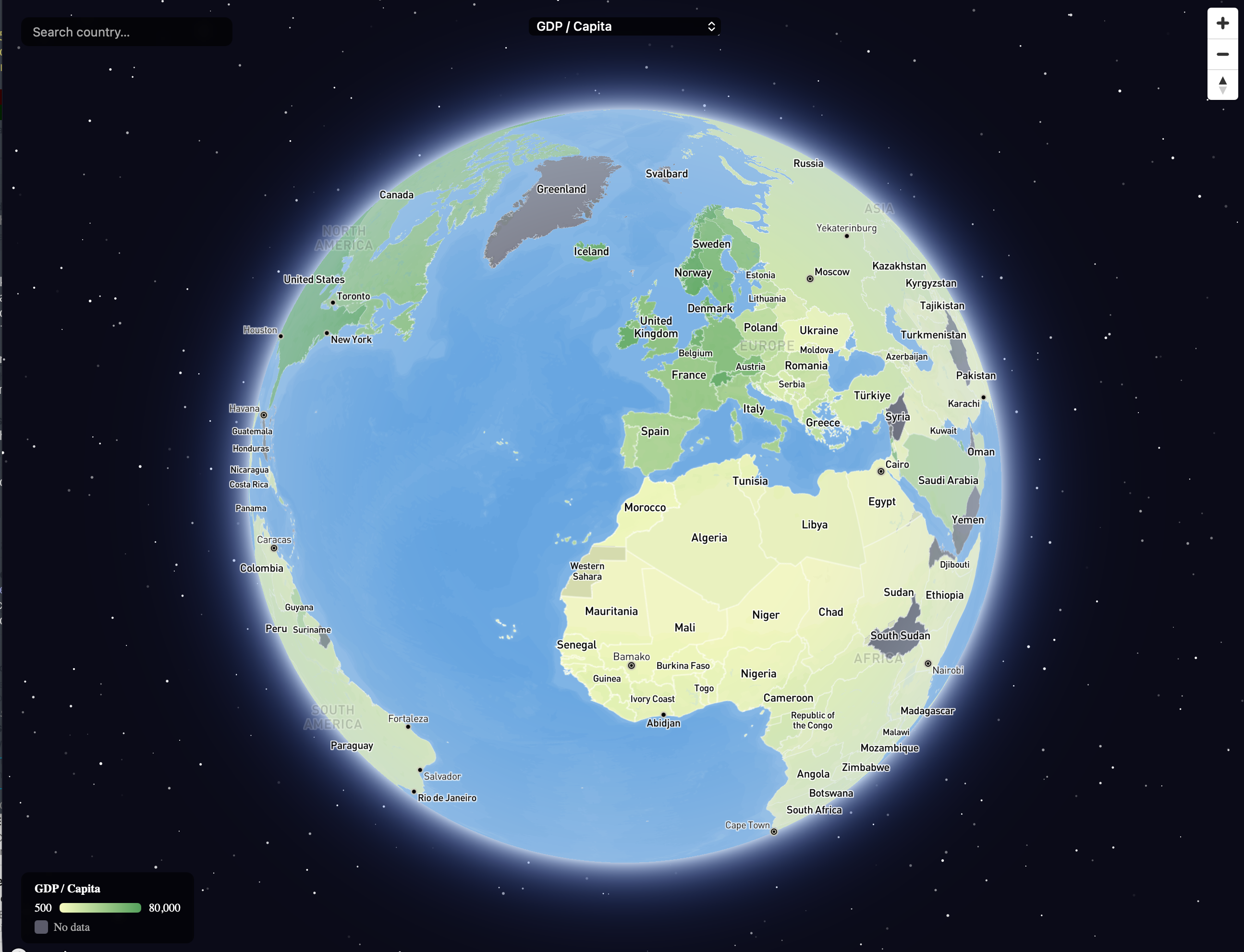 Geopolitical Intelligence Map · GDP/Capita heatmap on globe projection