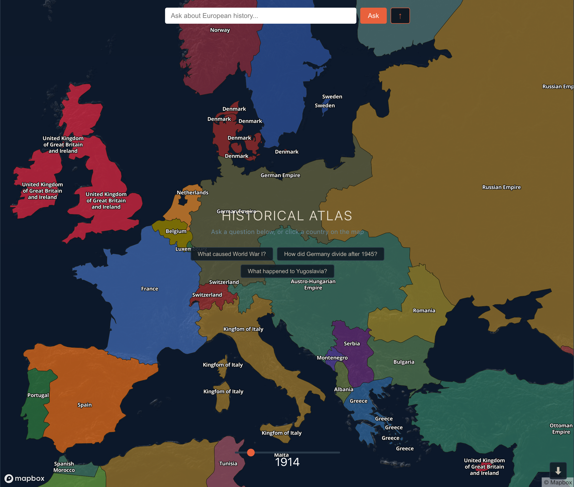 Historical Atlas · 1914 map with HOI4-inspired palette and query bar
